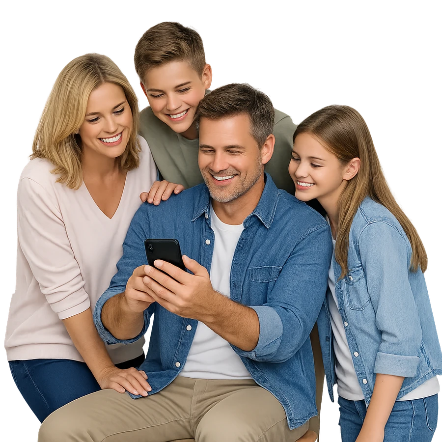 Família consultando os serviços digitais da AFABB